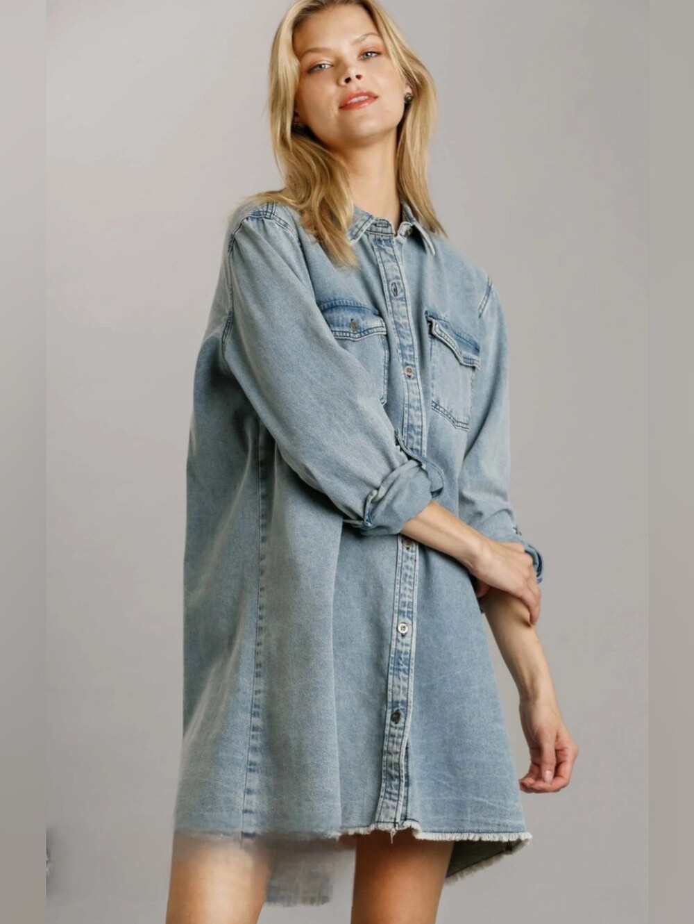 Umgee Denim Button Up Dress With Frayed Bottom Hem